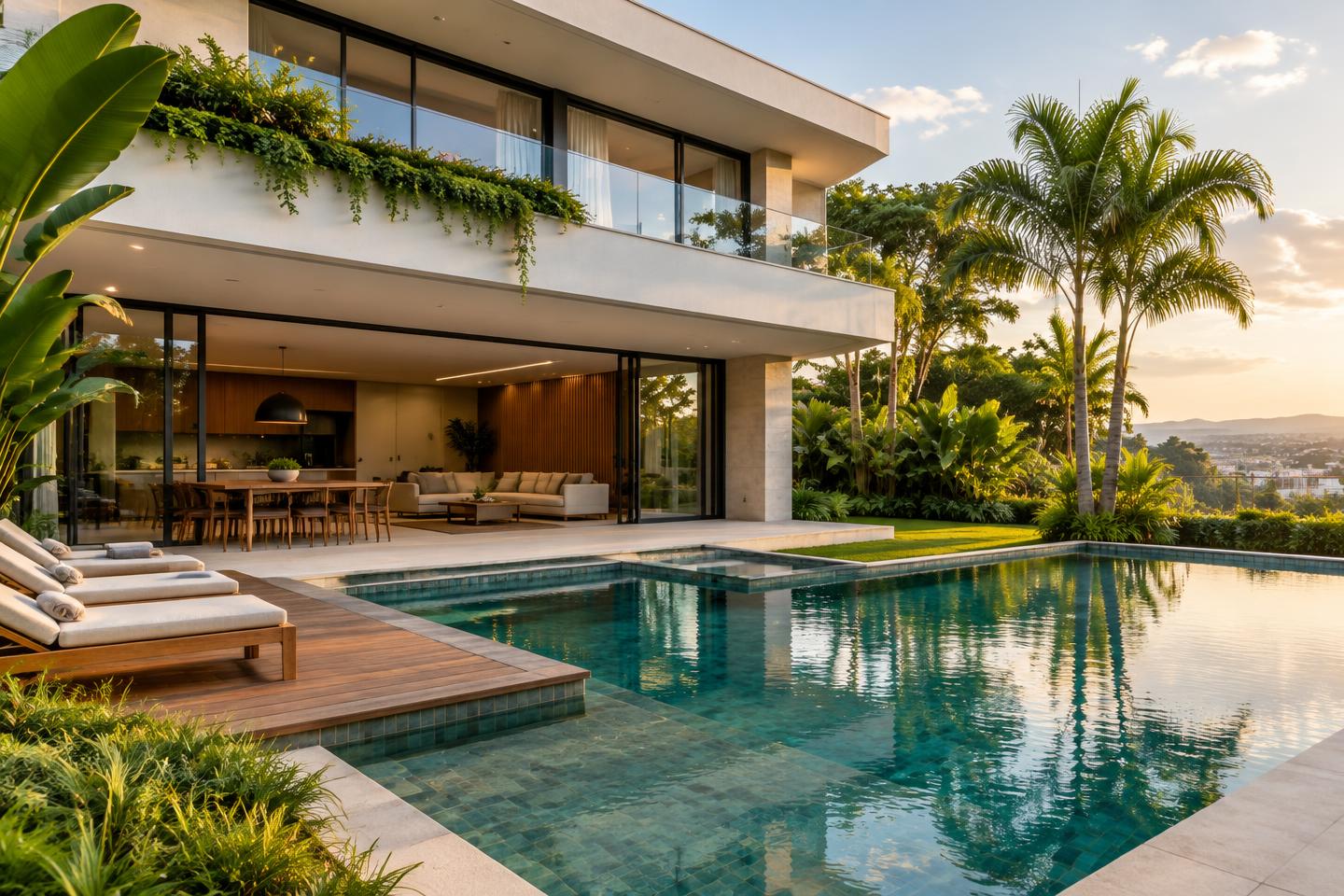 Imóvel contemporâneo com jardim e piscina, representando um objetivo de compra planejada